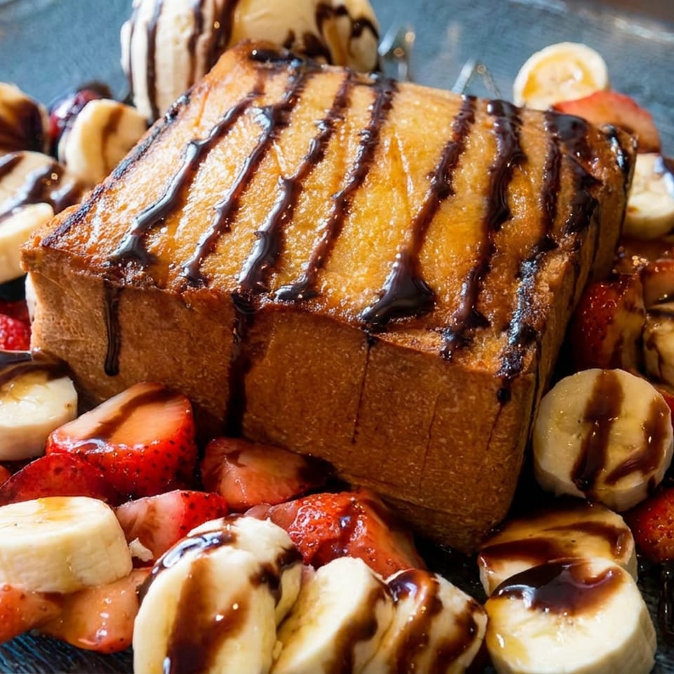 French toast topped with chocolate drizzle, surrounded by sliced bananas and strawberries on a blue plate.