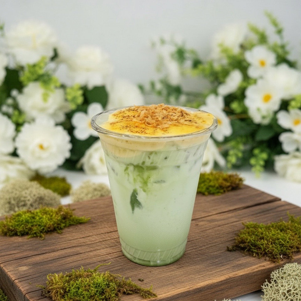 Matcha crème brûlée in a clear glass, topped with caramelized sugar and crumbs, displayed on a moss-decorated wooden board.