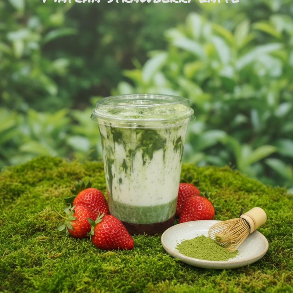 Matcha strawberry latte in a clear cup with fresh strawberries, matcha powder, and bamboo whisk on moss.