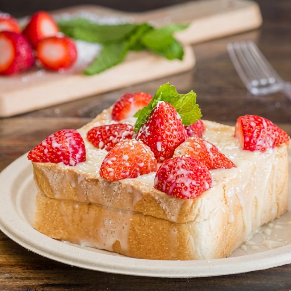 French toast topped with sliced strawberries, cream, and mint on a plate, with extra strawberries on a cutting board behind it.