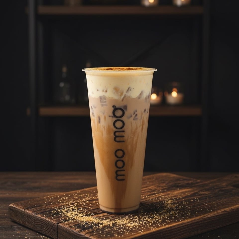 Iced coffee topped with foam sits in a branded cup on a rustic wooden board, surrounded by scattered coffee grounds.
